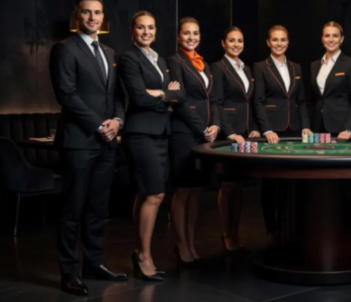 Hostessek és pókerszakértők csapata elegáns, sötét éttermi környezetben